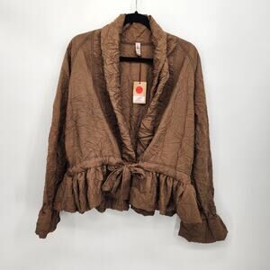 NWT Look Brown Crinkle Lagenlook Ruffled V-Neck Blazer Women's Jacket S